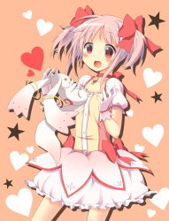 Rule 34 | 10s, 1girl, blush, bow, bubble skirt, choker, dress, gloves, hair bow, highres, kaname madoka, kaname madoka (magical girl), kyubey, magical girl, mahou shoujo madoka magica, mahou shoujo madoka magica (anime), open mouth, orange background, oruto (ort+), oruton, pink eyes, pink hair, puffy sleeves, short hair, short twintails, skirt, twintails