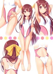 Rule 34 | 10s, 1girl, adjusting clothes, adjusting hair, adjusting swimsuit, alternate costume, armpits, arms behind head, ass, barefoot, bow, breasts, brown eyes, brown hair, competition swimsuit, covered navel, facing viewer, feet, gluteal fold, gurande (g-size), hair bow, highres, kamikaze (kancolle), kantai collection, long hair, multiple views, one-piece swimsuit, small breasts, swimsuit, thigh gap, toes, very long hair, white one-piece swimsuit, yellow bow