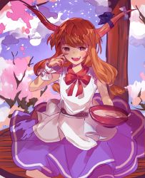 Rule 34 | 1girl, alcohol, belt, blue sky, bow, cherry blossoms, choko (cup), cloud, cloudy sky, cup, fang, highres, holding, horn ornament, horn ribbon, horns, ibuki suika, long hair, looking at viewer, oni, oni horns, orange eyes, orange hair, outdoors, petals, psu (avernim), purple skirt, red bow, red eyes, ribbon, sake, shirt, skirt, sky, sleeveless, sleeveless shirt, smile, solo, touhou, tree, white shirt