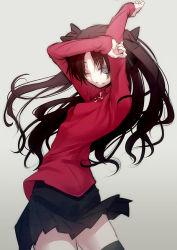 Rule 34 | 1girl, blue eyes, fate/stay night, fate (series), hair ribbon, long hair, nilitsu, one eye closed, ribbon, simple background, thighhighs, tohsaka rin, twintails, two side up, wink, zettai ryouiki