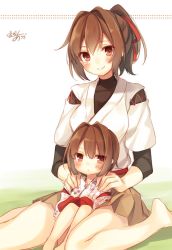 Rule 34 | 2girls, alternate costume, artist name, brown eyes, brown hair, hair ornament, hair ribbon, hyuuga (kancolle), ise (kancolle), japanese clothes, kantai collection, looking at viewer, multiple girls, one-hour drawing challenge, ponytail, ribbon, short hair, signature, sitting, sitting on person, sketch, smile, time paradox, toosaka asagi, aged down
