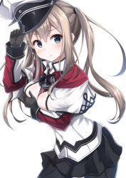 Rule 34 | 10s, 1girl, between breasts, black pantyhose, blonde hair, blue eyes, blush, breasts, capelet, covering privates, covering breasts, female focus, gloves, graf zeppelin (kancolle), hair between eyes, hat, kantai collection, large breasts, long hair, looking at viewer, miniskirt, mitsuki yuu, necktie, pantyhose, peaked cap, sidelocks, skirt, solo, tsurime, twintails, uniform