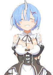 Rule 34 | 10s, 1girl, apron, arms behind back, black bow, black ribbon, bow, breasts, cleavage, collar, detached collar, detached sleeves, dress, facing viewer, frilled apron, frilled collar, frills, hair ornament, hair over one eye, horns, large breasts, maid, re:zero kara hajimeru isekai seikatsu, rem (re:zero), ribbon, scratches, simple background, single horn, smile, solo, teeth, torn clothes, torn dress, upper body, waist apron, white background, x hair ornament, zzzzxxx2010nian