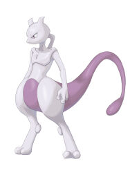 Rule 34 | 1boy, artist request, colored skin, creatures (company), game freak, gen 1 pokemon, grey skin, highres, horns, legendary pokemon, looking to the side, mewtwo, nintendo, no humans, pokemon, pokemon (creature), purple eyes, serious, simple background, solo, standing, tail, white background, white skin
