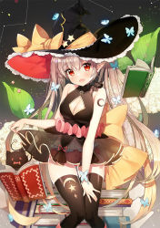 Rule 34 | 1girl, :d, ayami, black skirt, black thighhighs, blush, book, book stack, breasts, cleavage, crescent, fang, grey hair, hat, hexagram, highres, long hair, looking at viewer, medium breasts, open mouth, original, pointy ears, red eyes, see-through, shorts, sitting, skirt, smile, solo, thighhighs, twintails, very long hair, witch, witch hat