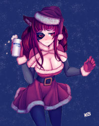 Rule 34 | 1girl, alternate costume, animal ears, artificial eye, artist request, beer can, belt, black pantyhose, blue background, blunt bangs, blush, breasts, can, capelet, cat ears, christmas, cleavage, closed mouth, detached sleeves, dress, drill hair, drink can, embarrassed, foam, fur trim, gloves, hat, highres, holding, holding can, kiririn51, large breasts, leaning forward, long hair, long sleeves, looking away, mechanical eye, nose blush, official art, pantyhose, quad drills, red dress, red eyes, red gloves, red hair, santa costume, santa hat, sidelocks, solo, standing, stella hoshii, strapless, strapless dress, va-11 hall-a, wavy mouth