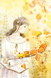 Rule 34 | 1girl, book, brown eyes, brown hair, crown, dress, hair ornament, holding, holding book, long hair, looking to the side, open book, original, railroad crossing, railroad tracks, sleeveless, sleeveless dress, solo, standing, toy, toy train, train, ye yuan (hangzhou), yellow background