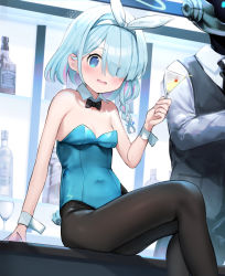 Rule 34 | 1girl, 1other, animal ears, arona (blue archive), bare shoulders, bartender, black bow, black pantyhose, blue archive, blue eyes, blue hair, blush, bow, bowtie, braid, breasts, champagne flute, covered navel, cup, detached collar, drinking glass, fake animal ears, feet out of frame, flying sweatdrops, hair over one eye, hairband, halo, highres, holding, leotard, looking at viewer, multicolored hair, open mouth, pantyhose, pink hair, playboy bunny, rabbit ears, robot, short hair, sitting, small breasts, solo focus, somray, strapless, strapless leotard, tail, wine glass, wrist cuffs