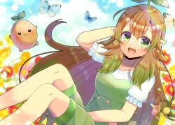 Rule 34 | 1girl, :d, animal, arm behind head, arm up, blurry, blurry background, brown hair, bug, butterfly, collarbone, commentary request, depth of field, feet out of frame, flower, green eyes, green hair, hair between eyes, indie virtual youtuber, insect, kou hiyoyo, looking at viewer, multicolored hair, open mouth, overall shorts, overalls, pointy ears, puffy short sleeves, puffy sleeves, red flower, shirt, short sleeves, smile, solo, streaked hair, virtual youtuber, whinypotato, white shirt