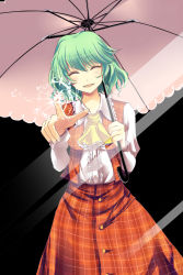 Rule 34 | 1girl, :d, ^ ^, absurdres, ascot, blush, broken glass, closed eyes, dress shirt, fourth wall, glass, green hair, highres, holding, holding umbrella, katsuko (tohyarei), kazami yuuka, long sleeves, looking at viewer, open clothes, open mouth, open vest, plaid, plaid skirt, plaid vest, shirt, skirt, skirt set, smile, solo, touhou, umbrella, vest, wallpaper