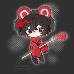 Rule 34 | 1boy, :/, alternate eye color, animal ears, black background, black footwear, black hair, black pants, camera, camera around neck, chibi, chibi only, chinese commentary, closed mouth, commentary request, food, fork, fruit, hair between eyes, highres, holding, holding fork, jacket, kemonomimi mode, li yuting (male), long sleeves, mole, mole under each eye, mole under eye, mouse boy, mouse ears, mouse tail, multiple moles, pants, red eyes, red jacket, short hair, sleeves past fingers, sleeves past wrists, solo, strawberry, tail, touqi guaitan, wo shi shei