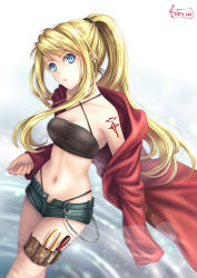 Rule 34 | 1girl, black panties, blonde hair, blue eyes, bustier, chain, coat, earrings, fingernails, fullmetal alchemist, hair ribbon, jewelry, lens flare, lingerie, long hair, midriff, navel, open clothes, open shorts, panties, pliers, ponytail, ribbon, screwdriver, short shorts, shorts, signature, solo, tattoo, thigh strap, tidsean, tool kit, tools, underwear, water, winry rockbell