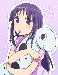 Rule 34 | 1girl, :o, abiko yuuji, food, food in mouth, hinata yukari, long hair, looking at viewer, open mouth, outline, pocky, pocky day, purple eyes, purple hair, short sleeves, solo, upper body, white outline, yuyushiki