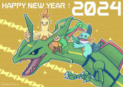 Rule 34 | 2024, animal focus, black sclera, chinese zodiac, claws, colored sclera, colored skin, combusken, commentary request, creatures (company), fangs, gama3taro, game freak, gen 3 pokemon, green skin, grovyle, happy new year, highres, horns, joints, legendary pokemon, marshtomp, new year, nintendo, no humans, open mouth, pokemon, pokemon (creature), rayquaza, skin fangs, sparkle, year of the dragon, yellow background, yellow eyes