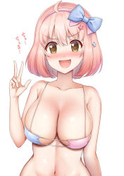 Rule 34 | 1girl, ahoge, bare shoulders, bikini, blue bikini, blue bow, blush, bow, breasts, chieru (princess connect!), cleavage, collarbone, dot nose, eyepatch bikini, hair between eyes, hair ornament, hairband, highres, large breasts, looking at viewer, navel, nose blush, open mouth, pink bikini, pink bow, pink hair, princess connect!, shiny skin, short hair, simple background, skindentation, smile, solo, star (symbol), star hair ornament, star in eye, string bikini, swimsuit, symbol in eye, underboob, upper body, v-shaped eyebrows, w, yue (show-ei)