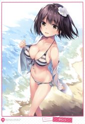 Rule 34 | 1girl, absurdres, artist name, artist request, bad proportions, bare shoulders, beach, bikini, black hair, breasts, brown eyes, cleavage, collarbone, front-tie bikini top, front-tie top, hair ornament, halterneck, highres, katou megumi, large breasts, long sleeves, looking at viewer, navel, off shoulder, open mouth, oryo (oryo04), outdoors, saenai heroine no sodatekata, scan, shirt, short hair, side-tie bikini bottom, smile, solo, standing, string bikini, striped bikini, striped clothes, swimsuit, water, white shirt