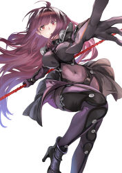 Rule 34 | 1girl, absurdres, armor, bodysuit, breasts, covered navel, fate/grand order, fate (series), gae bolg (fate), hair between eyes, highres, large breasts, long hair, looking at viewer, pauldrons, polearm, purple bodysuit, purple hair, red eyes, scathach (fate), shoulder armor, solo, spear, thighs, weapon, zuihou de miao pa si