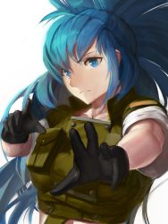 Rule 34 | 1girl, absurdres, black gloves, blue eyes, blue hair, gloves, green jacket, hairband, high ponytail, highres, jacket, jewelry, leona heidern, looking at viewer, military, military uniform, muscular, muscular female, numanoan, pocket, ponytail, simple background, snk, solo, the king of fighters, uniform, white background