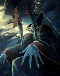 Rule 34 | 1girl, black hair, black hat, black sclera, blue skin, braid, chinese clothes, cloud, cloudy sky, colored sclera, colored skin, deadman&#039;s cross, detached sleeves, earrings, film grain, fingernails, full moon, hat, highres, jewelry, jiangshi, long fingernails, long hair, long sleeves, looking at viewer, mephisto (angraecum), moon, outstretched arms, pink eyes, qingdai guanmao, sharp fingernails, sky, solo, star (sky), starry sky, stitches, wide sleeves, zombie pose
