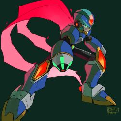 Rule 34 | 1boy, android, arm cannon, armor, blue armor, blue footwear, blue helmet, boots, cape, danyhu16, dark background, energy cape, forehead jewel, full body, glowing, green background, green eyes, helmet, highres, holographic clothing, male focus, mega man (series), mega man x: command mission, mega man x (series), new armor x (mega man), red cape, simple background, solo, weapon, x (mega man), x buster
