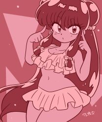 Rule 34 | abstract background, bikini, breasts, cleavage, double bun, frilled bikini, frills, hair bun, hair ornament, hands up, highres, index fingers raised, long hair, medium breasts, monochrome, navel, pointing, pointing at self, pointing up, ranma 1/2, sepia, shampoo (ranma 1/2), sidelocks, signature, swimsuit, wanta (futoshi)