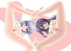 Rule 34 | 2girls, ass, bad id, bad pixiv id, barefoot, black hair, blue eyes, blush, breasts, censored, crossover, feet, from behind, girlfriend (kari), holding hands, heart, heart-shaped pupils, leg lift, leg up, legs, long hair, looking back, lying, lyrical nanoha, mahou shoujo lyrical nanoha vivid, mosaic censoring, multiple girls, nipples, nude, on side, open mouth, presenting, purple eyes, pussy, ribbon, side ponytail, silver hair, small breasts, smile, spread legs, spread pussy, symbol-shaped pupils, take your pick, tenjou ryuka, toes, yulia valkova, yumina enclave