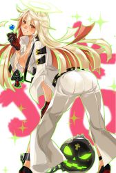 Rule 34 | 1girl, ahoge, ankh, arc system works, ass, ball and chain restraint, belt, blonde hair, blush, bodysuit, breasts, candy, cross, cross necklace, food, gloves, grin, guilty gear, guilty gear xrd, guilty gear xrd: revelator, halo, jack-o&#039; valentine, jewelry, leaning, leaning forward, lollipop, long hair, looking at viewer, multicolored hair, necklace, orange eyes, orange hair, shi qi kuang beng, shiny clothes, shiny skin, smile, solo, very long hair