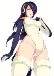 Rule 34 | 1girl, 40hara, absurdres, black hair, blush, breasts, covered navel, emperor penguin (kemono friends), gloves, gluteal fold, hair over one eye, hand on own chest, hand up, headphones, heattech leotard, highleg, highleg leotard, highres, hood, hood down, jacket, kemono friends, leotard, long hair, long sleeves, looking at viewer, medium breasts, multicolored hair, open clothes, open jacket, open mouth, orange eyes, red hair, scan, simple background, solo, thighhighs, thighs, turtleneck, two-tone hair, white background, white thighhighs