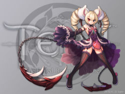 Rule 34 | 1girl, animal ears, black gloves, blonde hair, blue eyes, boots, drill hair, ecell, elin, garter straps, gloves, heterochromia, highres, long hair, looking at viewer, panties, red eyes, smile, solo, tera online, thigh boots, thighhighs, twin drills, twintails, underwear, weapon