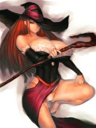 Rule 34 | 1girl, bare shoulders, barefoot, breasts, brown eyes, brown hair, cleavage, covered erect nipples, covering one eye, detached sleeves, dragon&#039;s crown, fumio (rsqkr), hat, hat over one eye, holding, huge breasts, panties, simple background, sketch, solo, sorceress (dragon&#039;s crown), staff, underwear, white panties, witch hat
