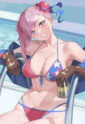 Rule 34 | 1girl, absurdres, alcohol, american flag bikini, american flag print, bare shoulders, beer, beer can, bikini, blue eyes, blush, breasts, brown gloves, bun cover, can, cleavage, drink can, fate/grand order, fate (series), flag print, fromgod jungle, gloves, grin, highres, holding, holding can, large breasts, looking at viewer, medium hair, miyamoto musashi (fate), miyamoto musashi (fate/grand order), miyamoto musashi (swimsuit berserker) (fate), miyamoto musashi (swimsuit berserker) (second ascension) (fate), navel, off shoulder, parted lips, pink hair, print bikini, sitting, smile, solo, swimsuit, teeth