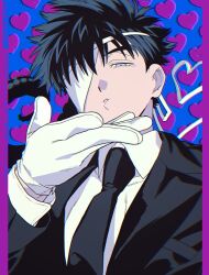 Rule 34 | 1boy, black hair, blowing kiss, blue eyes, formal, gloves, hand up, heart, looking at viewer, looking down, male focus, one eye covered, original, parted lips, pointy hair, retro artstyle, suit, udukiao, white gloves