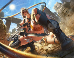 Rule 34 | 2girls, alice (queen&#039;s gate), ass, blonde hair, boots, breasts, convenient censoring, dorothy (queen&#039;s gate), dual wielding, dust, dutch angle, from below, gun, handgun, holding, knife, long hair, multiple girls, outdoors, queen&#039;s blade, queen&#039;s gate, red eyes, ruins, smoke, smoking barrel, solo focus, speh, squatting, sun, thighhighs, torn clothes, unconscious, very long hair, watermark, weapon, web address, whip, white hair