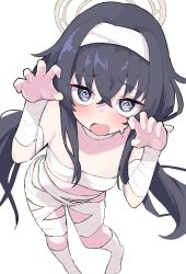 1girl @_@ alternate_costume bandages black_eyes black_hair blue_archive blush claw_pose hairband halo highres mummy_costume nervous qusouzu_mogari short_hair solo twintails ui_(blue_archive) white_background