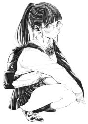 Rule 34 | 1girl, absurdres, ass, breasts, gagaimo, glasses, greyscale, highres, jacket, large breasts, legs, monochrome, original, ponytail, ribbon, school uniform, shoes, skirt, socks, solo, thighs, traditional media