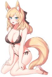 Rule 34 | 1girl, :d, absurdres, animal ears, arknights, bare arms, bare legs, bare shoulders, bikini, black bikini, black bow, blonde hair, blue eyes, blush, bow, breasts, cleavage, commentary request, flip-flops, hair bow, highres, kneeling, large breasts, long hair, looking at viewer, navel, neti (cpu11151), open mouth, sandals, simple background, smile, solo, stomach, swimsuit, tail, thighs, whislash (arknights), white background
