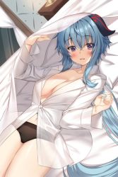 Rule 34 | 1girl, aile (crossroads), bed, black panties, blanket, blue hair, blush, breasts, cleavage, collarbone, ganyu (genshin impact), genshin impact, horns, long hair, looking at viewer, lying, medium breasts, naked shirt, navel, on back, open mouth, paid reward available, panties, partially unbuttoned, pillow, purple eyes, shirt, sidelocks, smile, solo, underwear