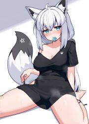 Rule 34 | 1girl, absurdres, animal ears, black shirt, blue eyes, breasts, cleavage, commentary request, condom, condom in mouth, deaver, fox ears, fox girl, fox tail, highres, hololive, large breasts, mouth hold, off shoulder, pentagram, shirakami fubuki, shirt, short hair, short sleeves, sitting, solo, t-shirt, tail, virtual youtuber, white hair