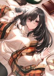 Rule 34 | 1girl, absurdres, bag, bed sheet, black gloves, black hair, black pantyhose, book, borumete, breasts, cellphone, commentary request, glasses, gloves, hair between eyes, hair intakes, handbag, hands up, highres, holding, holding phone, light blush, long hair, looking at viewer, lying, medium breasts, on back, on bed, original, pantyhose, phone, plaid, plaid scarf, red eyes, ribbed sweater, scarf, smartphone, smile, solo, sweater, tortoiseshell-framed eyewear, turtleneck, turtleneck sweater, unworn gloves, watch, white sweater, wristwatch