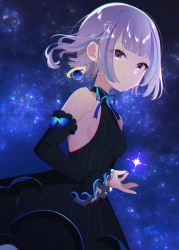 Rule 34 | 1girl, black dress, blunt bangs, breasts, commentary, cowboy shot, detached sleeves, dress, earrings, frilled cuffs, from side, highres, jewelry, looking at viewer, mamyouda, original, purple eyes, purple hair, scorpius (constellation), sideboob, signature, sky, sleeveless, small breasts, solo, standing, star (sky), starry sky, tagme