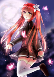 Rule 34 | 1girl, absurdres, black skirt, bug, butterfly, flower, hair flower, hair ornament, highres, insect, long hair, moon, original, outdoors, panties, pantyshot, pleated skirt, red eyes, red hair, school uniform, skirt, solo, standing, thighhighs, tongtongtong, twintails, underwear, white panties, white thighhighs