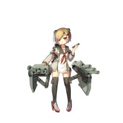 Rule 34 | aiguillette, anchor, arm up, armband, black thighhighs, blonde hair, blush, bottomless, buttons, cannon, closed mouth, dress, frown, full body, graf spee (warship girls r), hair ornament, hair over one eye, hairclip, high heels, lino-lin, long sleeves, machinery, no pants, official art, pigeon-toed, red eyes, sailor, sailor dress, shirt, short hair, swept bangs, thighhighs, torpedo, transparent background, turret, warship girls r, white shirt