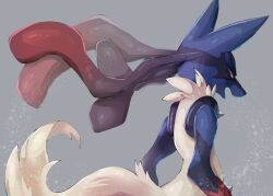 Rule 34 | 1boy, animal ears, artist name, black fur, blue fur, body fur, creatures (company), from behind, furry, furry male, game freak, gen 4 pokemon, grey background, highres, lucario, male focus, mega lucario, mega pokemon, multicolored fur, nintendo, open mouth, pokemon, pokemon (creature), red eyes, red fur, shia (shi12 poke), signature, simple background, snout, solo, spikes, standing, tail, upper body, wolf boy, wolf ears, wolf tail, yellow fur