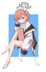 Rule 34 | 1girl, absurdres, ahoge, bare legs, barefoot, black halo, black jacket, blue archive, blue background, blue ribbon, blush, border, center frills, cherry blossom print, closed mouth, collarbone, collared shirt, commentary request, dot mouth, dot nose, earrings, fingernails, floating, floral print, frilled hairband, frills, full body, furrowed brow, hair between eyes, hairband, halo, hand up, highres, huge ahoge, jacket, jewelry, knee up, long fingernails, looking at viewer, looking to the side, mole, mole under eye, morphling (artist), neck ribbon, neru (blue archive), off shoulder, open clothes, open jacket, orange hair, outside border, plantar flexion, red eyes, ribbon, shirt, short hair, simple background, sleeves past wrists, solo, swept bangs, thick eyelashes, thighs, three quarter view, toes, tsurime, turning head, undone collar, undone neck ribbon, white border, white hairband, white shirt, white sleeves