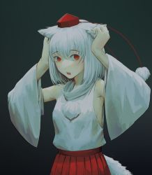 Rule 34 | 1girl, :o, animal ears, detached sleeves, googerm, highres, impasto, inubashiri momiji, looking at viewer, open mouth, pom pom (clothes), red eyes, red skirt, shirt, short hair, skirt, solo, tail, touhou, upper body, white hair, white shirt, white sleeves, wolf ears, wolf girl, wolf tail
