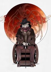 Rule 34 | 1boy, bloodborne, buttons, cane, commentary, denny626, gehrman the first hunter, hat, highres, holding, holding cane, looking at viewer, monster, moon, moon presence, old, old man, red moon, red scarf, scarf, tentacles, wheelchair, white background