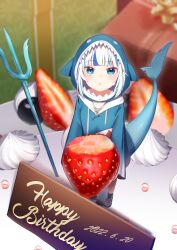 Rule 34 | 1girl, :o, animal costume, animal hood, birthday cake, blue eyes, blue hair, blue hoodie, blunt bangs, cake, english text, fins, fish tail, food, fruit, full body, gawr gura, gawr gura (1st costume), happy birthday, highres, holding, holding food, hololive, hololive english, hood, hood up, hoodie, long sleeves, looking at viewer, medium hair, multicolored hair, no pants, open mouth, overlord (overlord80000), shark costume, shark girl, shark hood, shark print, shark tail, shoes, sidelocks, sneakers, solo, standing, strawberry, streaked hair, tail, tsurime, virtual youtuber, white footwear, white hair, wide sleeves