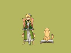 Rule 34 | 1girl, audrey hall, blonde hair, blush, book, chair, chinese commentary, commentary request, corset, dog, dress, fyy2333, gloves, golden retriever, green background, green dress, green eyes, green footwear, green ribbon, highres, long hair, long sleeves, lord of the mysteries, open book, reading, ribbon, simple background, sitting, susie (lord of the mysteries), white gloves, white legwear