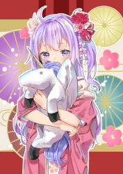 Rule 34 | 1girl, agnamore, azur lane, bad id, bad pixiv id, blush, commentary request, covered mouth, flower, hair flower, hair ornament, japanese clothes, kimono, long hair, looking at viewer, hugging object, one side up, pink flower, pink kimono, purple eyes, purple hair, short sleeves, solo, stuffed animal, stuffed toy, stuffed winged unicorn, unicorn (azur lane), upper body, very long hair, white flower, wide sleeves