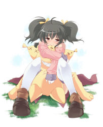 Rule 34 | 00s, 1girl, amagase lyle, anise tatlin, bare shoulders, blush, brown eyes, brown hair, gloves, hair ribbon, hug, ribbon, smile, solo, spread legs, stuffed animal, stuffed toy, tales of (series), tales of the abyss, teddy bear, thighhighs, tokunaga (tales), twintails